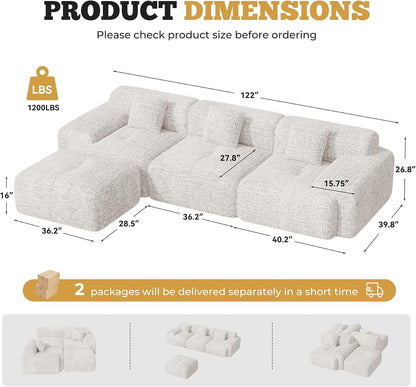 122" Modern L Shaped Modular Sectional Sofa, Boneless Couches for Living Room with Ottoman,4 Seater Convertible Chenille Cloud Couch Sofa Set, No Assembly Required, Beige 1 PCS2