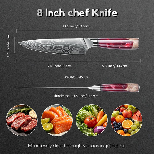 Damascus High Carbon Chefs Knife Ergonomic Handle(8In,Red Resin)3