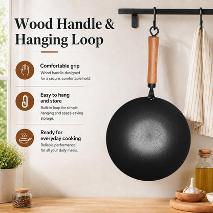 11" round Bottom Carbon Steel Wok with Glass Lid, Traditional Chinese Stir Fry Pan for Gas Stove & Wok Ring, 3.2 QT Small Wok for 1–3 People, Uncoated, Wood Handle, Seasoning Required7