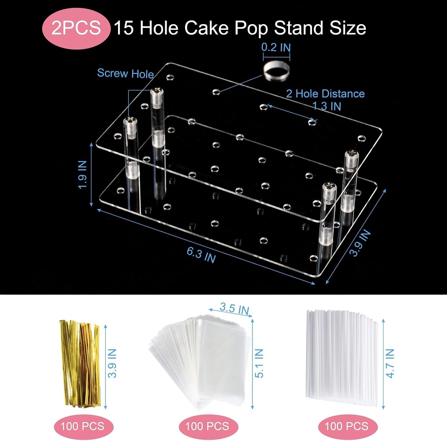 2pack-cake-pop-stand-with-sticks-kit-15-holes-acrylic-cake-pops-holder-clear-lollipop-hold-display-for-wedding-birthday-party-with-100pcs-sticks-100pcs-clear-wrappers-100pcs-gold-twist-ties