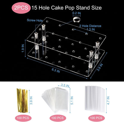 2Pack Cake Pop Stand with Sticks Kit, 15 Holes Acrylic Cake Pops Holder | Clear Lollipop Hold Display for Wedding, Birthday, Party with 100PCS Sticks, 100PCS Clear Wrappers, 100PCS Gold Twist Ties2