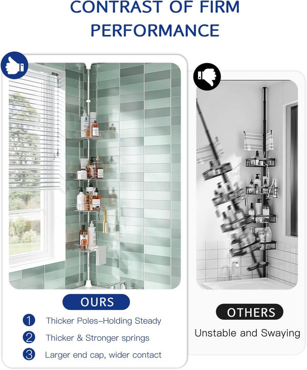 Rustproof Shower Caddy Corner and Shower Organizer Corner for Bathroom,Corner Shower Caddy Tension Pole with 4 Adjustable Baskets for Shower Accessories, 34 to 116 Inch Height, Silver3