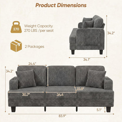 83" Modern Couch with Side Storage Pockets and Cup Holders2