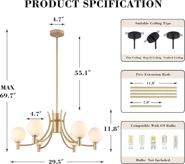 29.5"Milk White Glass Gold Sputnik Chandelier 6-Light Modern Chandeliers3