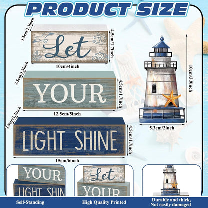 4 Pcs Lighthouse Coastal Decor Wooden Block Signs Rustic | Bathroom Tabletop Decoration for Home, Lighthouse Topper Tiered Display, Let Your Light Shine Phrase Wood Stacking Blocks3