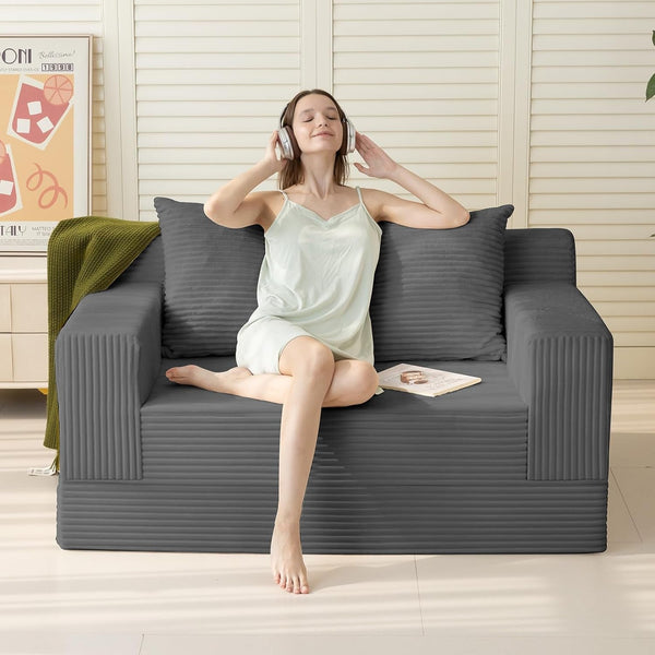 Convertible Sofa Bed, Loveseat Folding Floor Futon Sleeper Sofa Couch Bed- Boneless Foldable Couch, Corduroy Pull Out Sofa Bed with 2 Pillows for Living Room & Bedroom2
