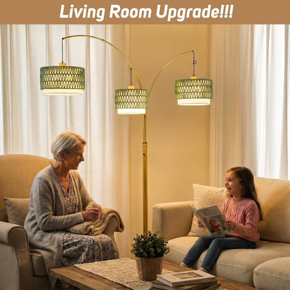 3-Light Arc Rattan Floor Lamp for Living Room,80'' Gold Boho Lamp | Heavy Natural Marble Base, 1/2/3-Light Rotary Switch,Double-Layer Green Wicker/Fabric Shades for Coastal Style,8 Ft+ Ceilings8