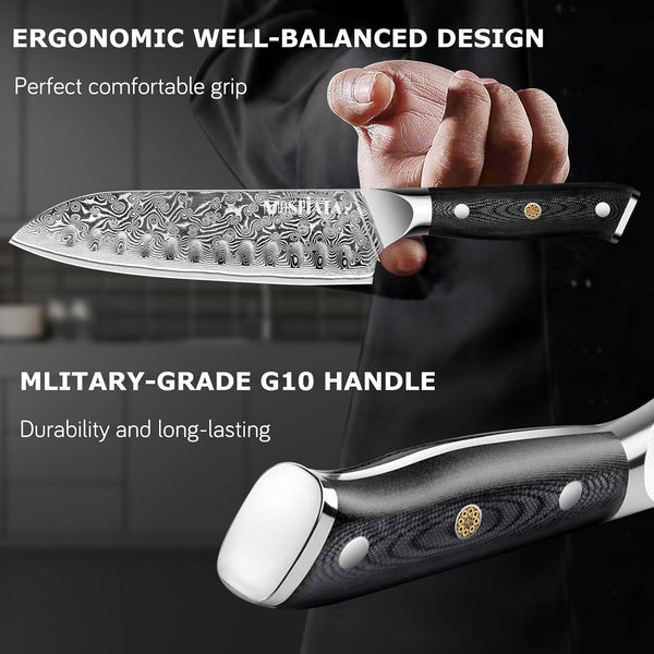 Chef Knife,Kitchen Knife Santoku Chef'S Knife 7 Inch Multifunction Kitchen Knives Damascus Steel VG-10 Blade,Knife Sharpener Rod Gift Box4