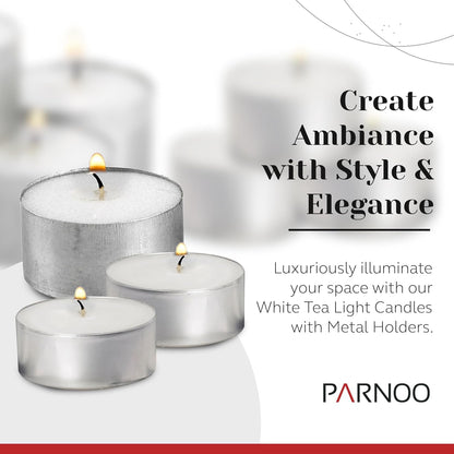 Tea Light Candles in Metal Cups - 4.5 Hours Clean, Long Burning White Unscented - 250 Votive Candles Bulk for Romantic Dinner, Wedding, Spa & Hotels by PARNOO2