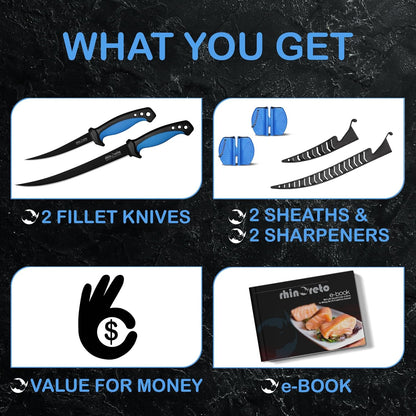 5 Inch Fillet Knife and 9 Inch Fillet Knife Bundle with Sheats and Sharpeners2