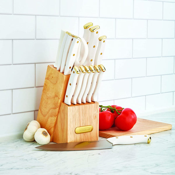15-Piece Knife Block Set, Triple-Riveted High-Carbon Stainless Steel Kitchen Knives, Razor Sharp Blades, Wood Storage Block, White/Gold5