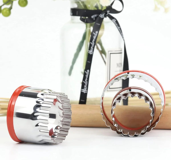 3Pcs Fluted round Cookie Cutters - 2" & 2.6" & 3", Heavy Duty Food-Grade Stainless Steel, Mini Biscuit Cutter, Unique Design with Protective Red Top PVC8
