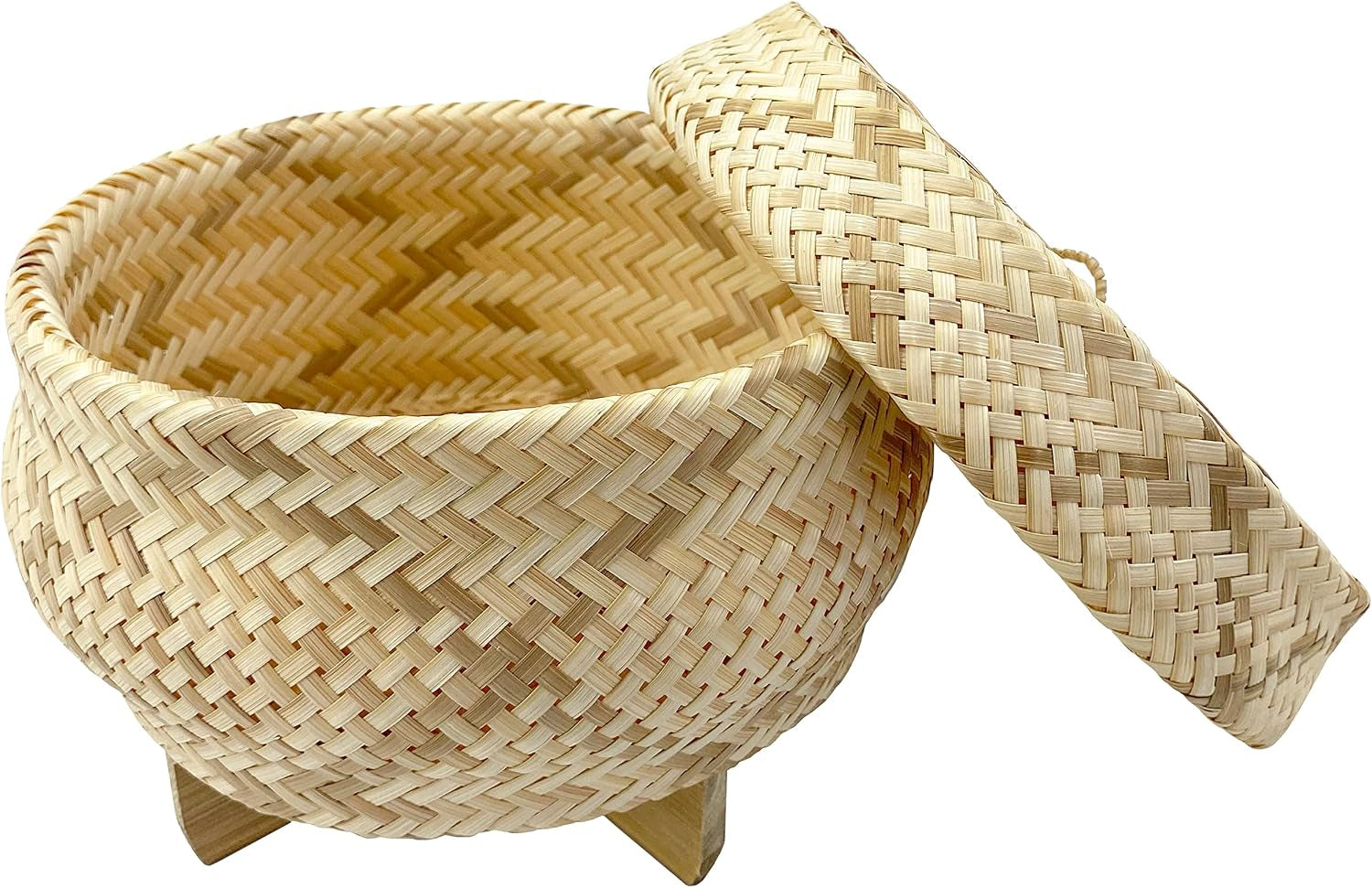 handmade-100-natural-thai-bamboo-sticky-rice-electric-cooker-steamer-set-small-pot-insert-6-5-inch-checkered-wicker-woven-lid-16-cheesecloth-filter-and-wooden-spoon