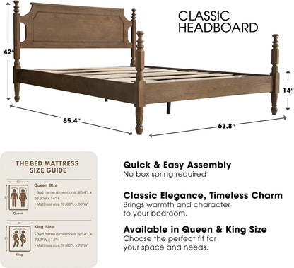 Solid Wood Queen Size Bed Frame with Headboard & Footboard, 12 Strong Slats, Center Metal Legs, Anti-Slip & Noise-Free Design, No Box Spring Needed, Quick Assemble, Barnwood Finish, ROQ-3012