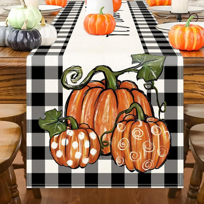 Fall Table Runner 13X90 Inch Long Linen Pumpkin Buffalo Plaid Decorations1