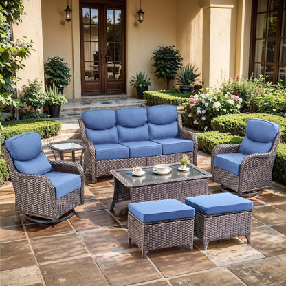 Luxury High Back Outdoor Furniture with 6-Inch Extra Thick Cushions, Patio Furniture Set with Swivel Chairs, 7 PCS Wicker Conversation Set for Yard, Deck, Poolside, Brown/Blue1