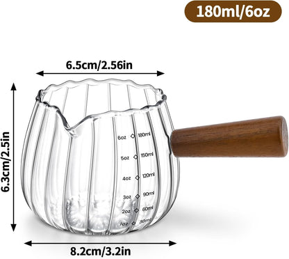 Espresso Cups 6 Oz, Espresso Measuring Cup with Wood Handle, Milk Frothing Cup, Glass Measuring Cup for Coffee, Milk, Tea or Maple Syrup Serving2