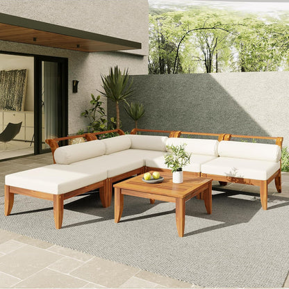 6 Pieces Patio Furniture Set, Outdoor L-Shaped Sectional Sofa Set with Coffee Table, Acacia Wood Conversation Seating & Cushions and Lumbar Pillows, for Garden, Poolside and Backyard, Teak+Beige1
