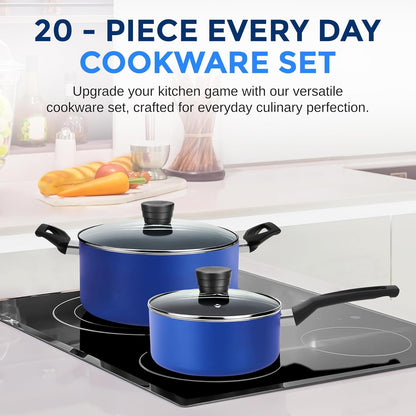 20-Piece Blue Cookware Set with Knives - Includes Multi-Sized Pots and Pans Set Non Stick with Lids and Utensils, Heat Resistant, Dishwasher Safe2