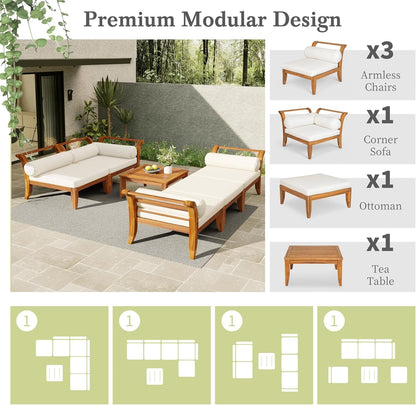 6 Pieces Patio Furniture Set, Outdoor L-Shaped Sectional Sofa Set with Coffee Table, Acacia Wood Conversation Seating & Cushions and Lumbar Pillows, for Garden, Poolside and Backyard, Teak+Beige6