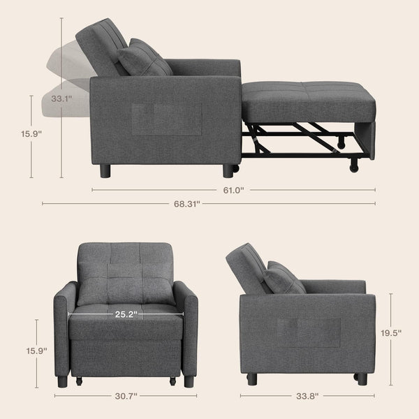 3-In-1 Sleeper Chair Bed Convertible Sofa, Dark Gray3