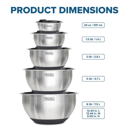 Viking Mixing Bowls Set, 10 Piece Stainless Steel Kitchen Cookware, Non-Slip Silicone Base, Includes Tight Fit Lids, Dishwasher Safe, Black5