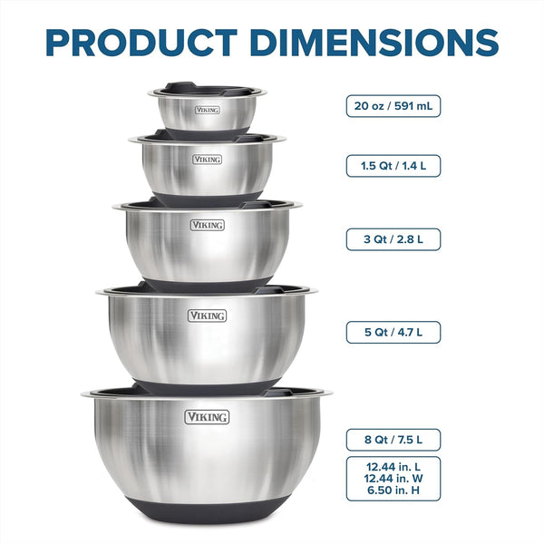 Viking Mixing Bowls Set, 10 Piece Stainless Steel Kitchen Cookware, Non-Slip Silicone Base, Includes Tight Fit Lids, Dishwasher Safe, Black5