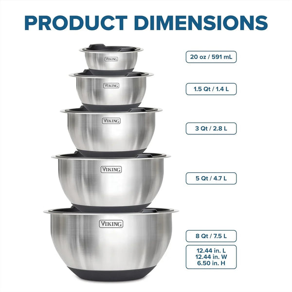 Viking Mixing Bowls Set, 10 Piece Stainless Steel Kitchen Cookware, Non-Slip Silicone Base, Includes Tight Fit Lids, Dishwasher Safe, Black5