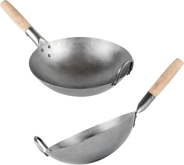 Carbon Steel Wok 1 Pack of 12 Inch Heavy-Duty Stir Fry Pan Silver Hand Hammered Wok Efficient Maneuvering Steel Helper Handle Uniform Heat Distribution Asian Cooking2