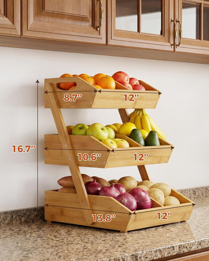 3-Tier Bamboo Fruit Basket with 2 Banana Holders | Large Tiered Organizer for Bread, Snacks, Veggies. Sturdy Bamboo, Includes Mats & Dividers. Easy to Assemble.8