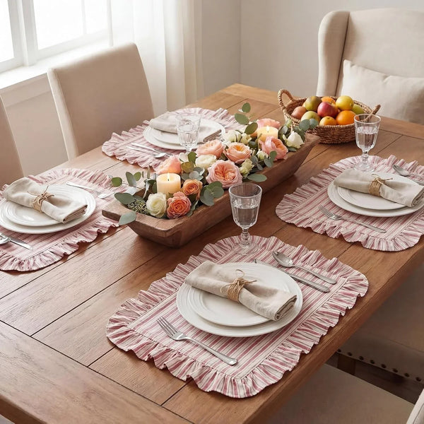 4 Pcs Striped Placemats with Ruffle, Red White Reversible Cotton4