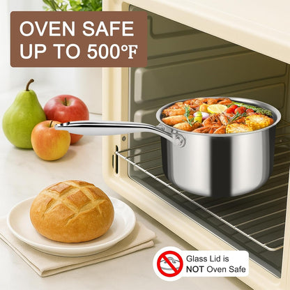 3 Ply Stainless Steel Saucepan with Lid, 3 Quart Multipurpose Cooking Pot, Stay-Cool Handle, Induction Oven Dishwasher Safe, 3 QT8