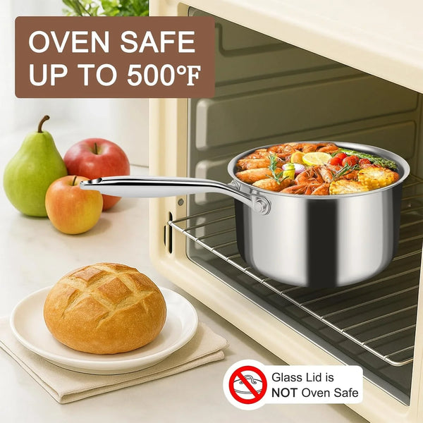 3 Ply Stainless Steel Saucepan with Lid, 3 Quart Multipurpose Cooking Pot, Stay-Cool Handle, Induction Oven Dishwasher Safe, 3 QT8