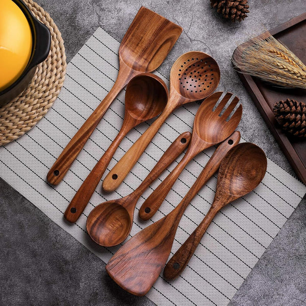 Wooden Non-Stick Kitchen Pan Toolset 7 Pieces Set, Natural Kitchen Utensils Spatula, Wooden Cooking Utensils Spoons, Fried Spatula and Salad Fork3