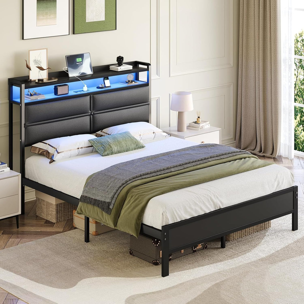 queen-size-bed-frame-with-led-lights-and-charging-station-black