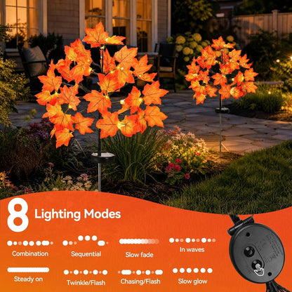 Fall Decorations Outdoor Solar Lights, 2Pcs Thanksgiving Lights 40LED 80 Maple Leaves Stake Light Waterproof 8 Lighting Modes for Autumn Patio Garden Yard outside Halloween Thanksgiving Decorations2