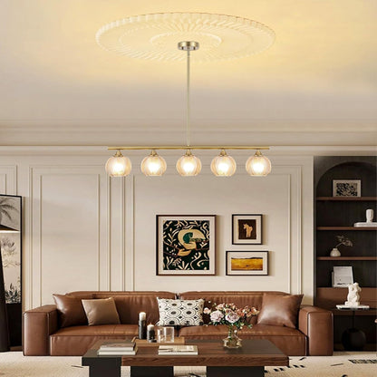 Modern Brushed Brass Linear Chandelier Amber Ribbed Glass Shade 5-Lights Gold Mid Century Sputnik Globe Pendant Light Farmhouse Ceiling Hanging Light Fixture Dining Room Kitchen Island8