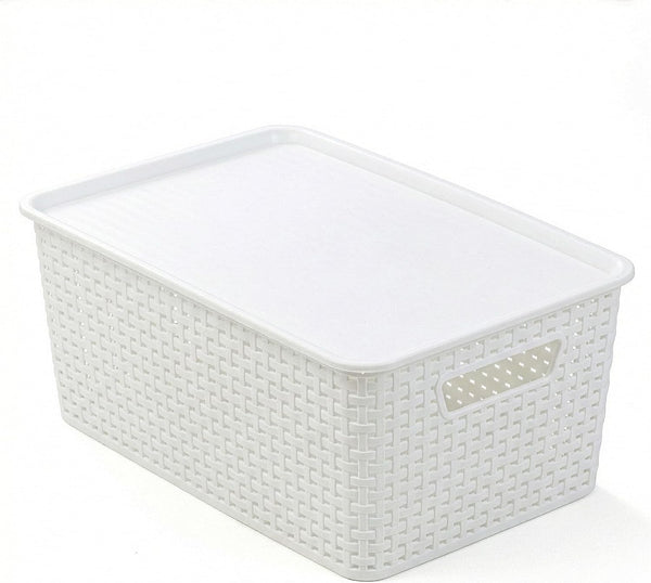 | Plastic Storage Baskets with Lids, 15.5 Liter - 3 Pack, White | the WOVEN COLLECTION | Storage Basket for Shelves Woven Storage Baskets for Organizing Bins Pantry Shelf Organizer Container Bin8