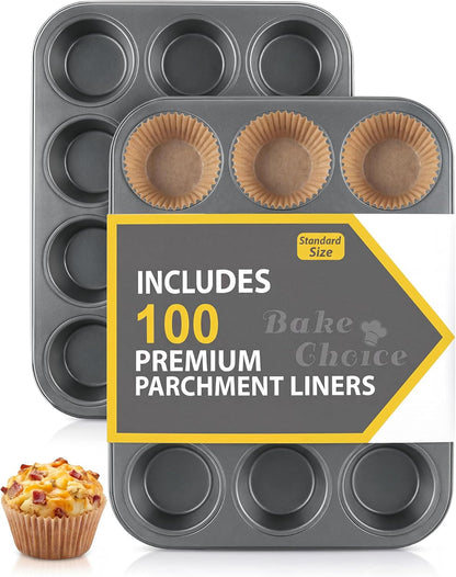 2 Muffin Pan for Baking, Standard Cupcake Pan with 100 Liners | Includes 100 Natural Cupcake Liners, Non-Stick Muffin Tin Nonstick 12 Cup, Baking Pans Set, Carbon Steel Baking Supplies1