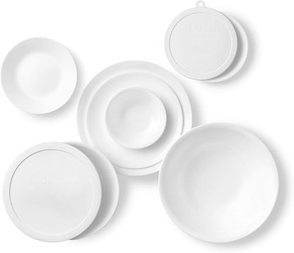 Vitrelle 78-Piece Service for 12 Dinnerware Set, Triple Layer Glass and Chip Resistant, Lightweight round Plates and Bowls Set, Winter Frost White3