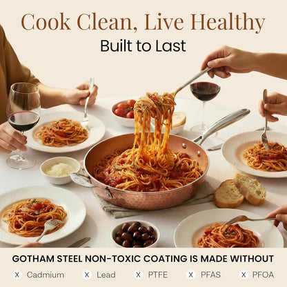 Hammered Copper 14 Inch Non Stick Frying Pan with Lid, Nonstick Frying Pan with Ceramic Coating and Induction Plate for Even Heating, Oven / Dishwasher Safe, 100% Healthy & Non Toxic | Extra Large Skillet, Induction Compatible, PFOA/PFOS/PTFE Free Ceramic Coating, Stay-Cool Handle, Oven & Dishwasher Safe7