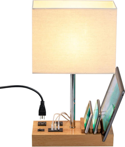 USB Table Lamp, Multi-Functional Desk Lamp with 2 AC Outlets, Bedside Lamp with 3 USB Charging Ports and Wooden Phone Stands, Nightstand Lamp for Bedroom, Livingroom, Office, Natural Wood1