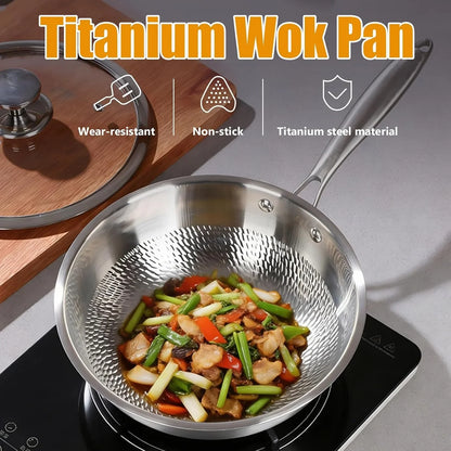 Titanium Hammered Wok Pan with Lid, Pure Titanium Pans for Cooking, No Coating Non-Stick Flat Bottom Wok, Ultra-Durable, Scratch-Resistant, Compatible with All Cooktops,12.6In3
