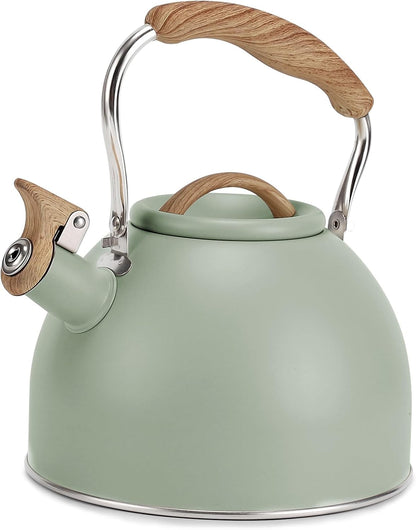 Tea Kettle,  100 OZ / 3 Liter Whistling Tea Kettle, Tea Pots for Stove Top Food Grade Stainless Steel with Wood Pattern Folding Handle, Loud Whistle Kettle for Tea, Coffee, Milk (Green)1