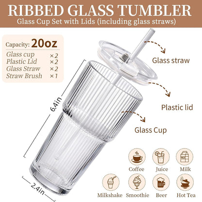 Iced Coffee Cups with Lids 2Pcs: Ribbed Glass Tumbler with Straw and Lid 20Oz - Vintage Glass Cups with Lids and Straws - Tumbler Leak Proof Aesthetic Drinking for Coffee Bar Accessories2