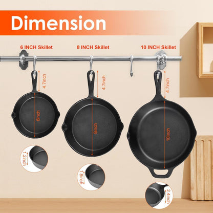 Cast Iron Skillets 3-Piece Set, 6", 8" & 10" Pre-Seasoned Pan Set | Cast Iron with 3 Heat-Resistant Silicone Handle Holders, Indoor & Outdoor Use, Oven Grill Stovetop Induction Safe Cookwar2