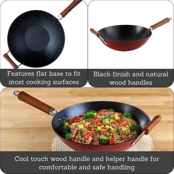 USA GKG-61021 Light Cast Iron Wok, 14", Red Handles | Ideal for Stir-Frying and Deep Frying, Great for Everyday Cooking2