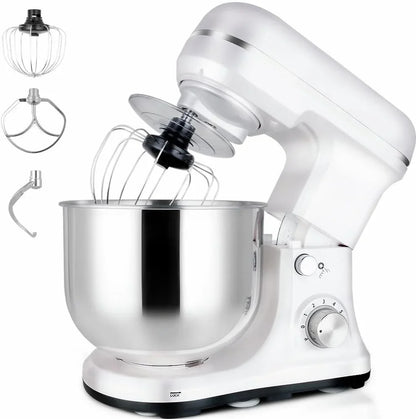 Stand Mixer 5-QT, 6+P Speed Tilt-Head Food Mixer 300W Dough Mixer with Stainless Steel Bowl,Dough Hook,Flat Beater&Whisk Electric Kitchen Mixer for Household Baking, Anti-Slip(Pearl White)1