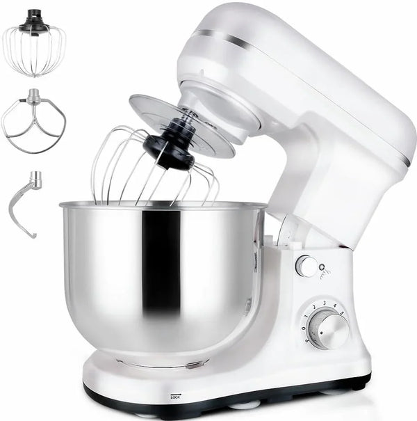 Stand Mixer 5-QT, 6+P Speed Tilt-Head Food Mixer 300W Dough Mixer with Stainless Steel Bowl,Dough Hook,Flat Beater&Whisk Electric Kitchen Mixer for Household Baking, Anti-Slip(Pearl White)1