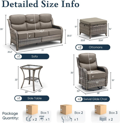 Luxury 6" Thick Cushioned 6 Pieces Patio Furniture Set with Outdoor Couch, Wicker Outdoor Conversation Set with High Back Swivel Rocker Chairs for Deck Porch Yard and Poolside - Grey+Grey2